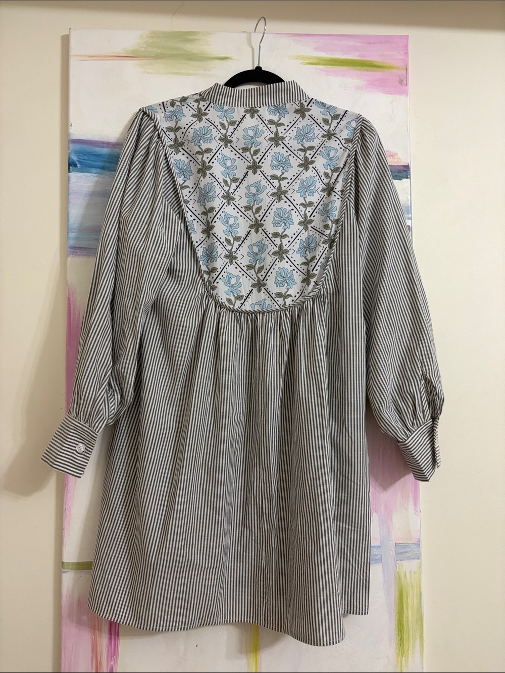 Women Grey Stripe Dress with Blue Embroidered Yoke - Picture 3 of 3